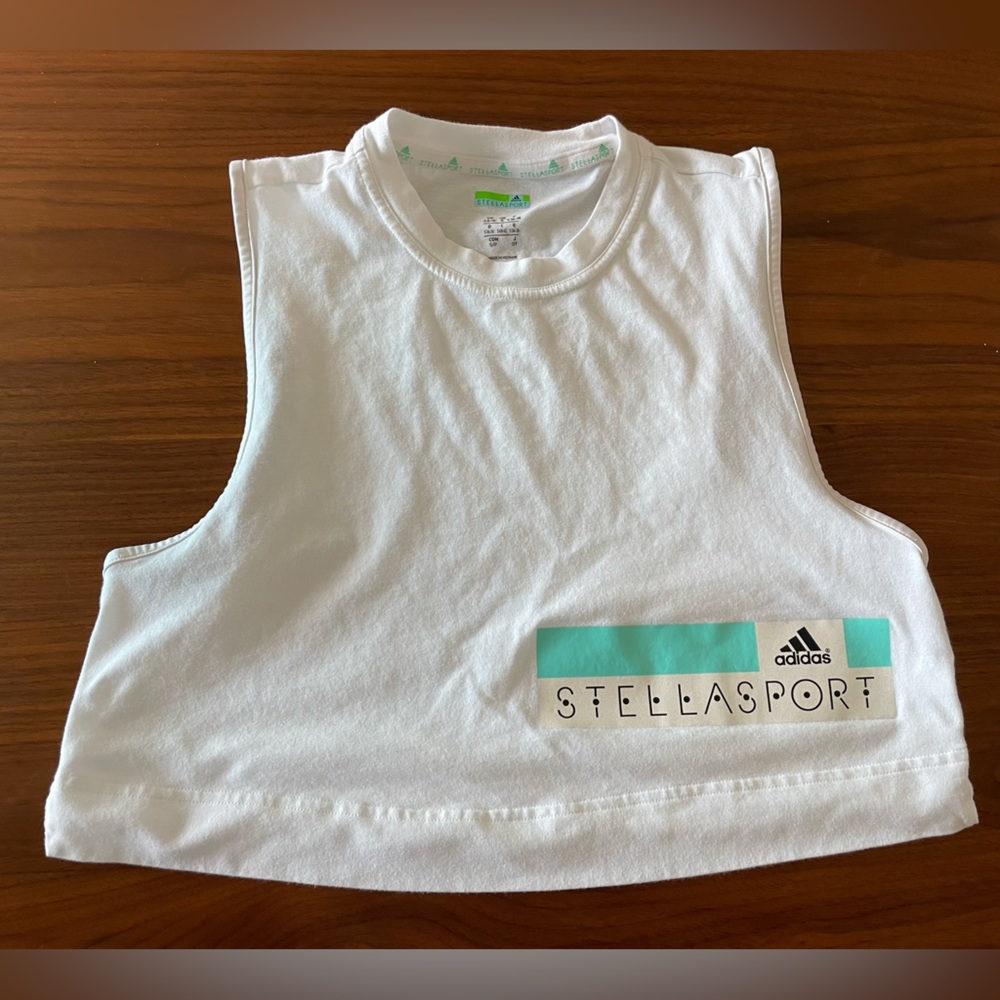 Stellasport by adidas tank, white and glittery turquoise